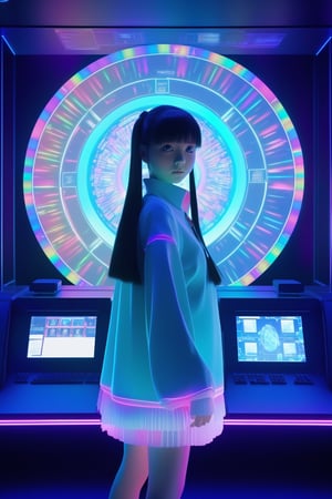 colorfull, effect, anime style, a screen shot of a girl look at viewer that is on display in a museum of computer technology, hologram, frozen, masterpiece, best quality, high detailed, magic circle, detailed face, Wide Shot, full body