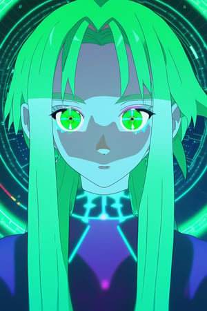 colorfull, effect, anime style, a screen shot of a girl look at viewer that is on display in a museum of computer technology, hologram, frozen, masterpiece, best quality, high detailed, magic circle, detailed face, green-eyes