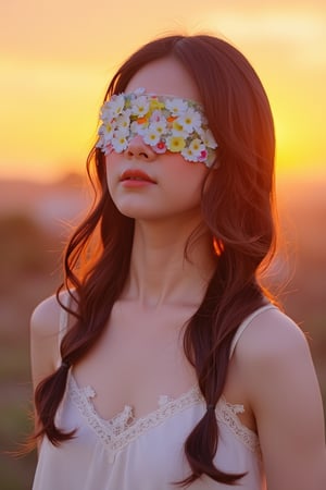 1 girl, portrait, sunset background,  look at viewer,blindfolded flower