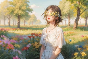 1 girl, charming, 
Flower Blindfold, long dress, Wide Short, nature landscape, masterpiece, best quality, simple background, (Circle Sora), full color, watercolor