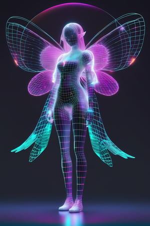 FULL BODY SHOT, 1girl, ((virtual disintegration wireframe rgb:1.32)), (matte skin:1.1)
translucent, transparent, reflection, colorfull, colored, (girl with butterfly wings:0.3)
iridescence holographic Clothing, magic, (elemental background), circle