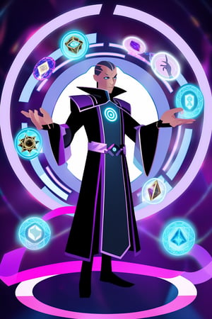 Sinister 35yo futuristic mage wearing fascistic uniform, outstretched hand surrounded by translucent hologram ribbons, cards, surrounded by cards, ,Circle, elemental