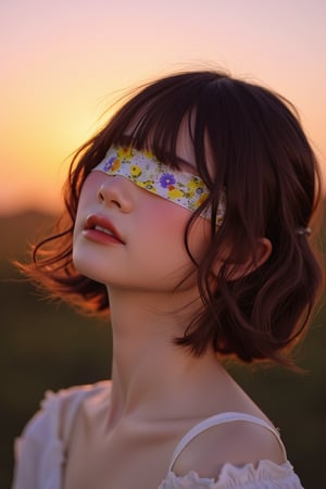 1 girl, portrait, sunset background,  look at viewer,blindfolded flower