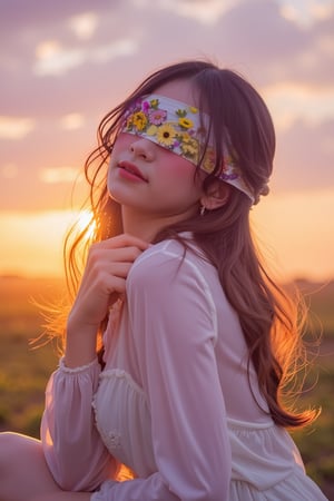 1 girl, portrait, sunset background,  look at viewer,blindfolded flower