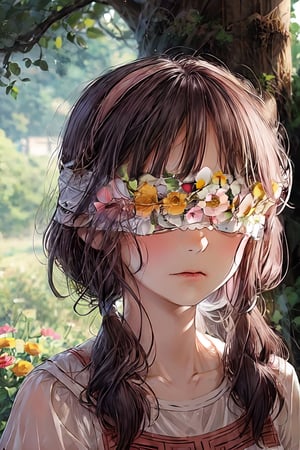 1 girl, Kanna Kamui, portrait, flower gardern, masterpiece, best quality, nature light, Circle, nature background, Flower Blindfold, crying, (tear),