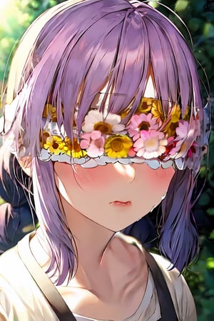 1 girl, Kanna Kamui, portrait, flower gardern, masterpiece, best quality, nature light, Circle, nature background, Flower Blindfold, crying, (tear),