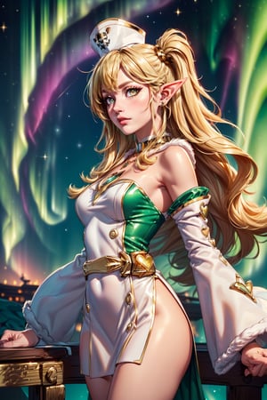 ((elf ear, pointed ear)), ((fair-skinned, blunt bangs, long hair, golden hair, blond hair)), (pink lip, long hair, hair bangs, gold accessories, straight hair, heavy hair, shiny hair, stripes hair, ((symbol 
 shape pupils, mismatched pupil, yellow eye, sparkling eyes, face light), (astral space, green sky, magic aura, blue magic around), ((scientist white dress, nurse dress, hat, heart, detached sleeves, flared sleeve, sparkling dress, magic pattern top, gold pattern torso, glitter, gem necklace, jewel, long gloves)), High detailed, bright sky, white trim fur, fur neckwarmer, shy  emotion, shy eye,((fur trim), ((long length hair)), spaceship, starship, star travel, Milkyway, aurora behind head, green aurora borealis, on the pirate ship, gold pirate ship, looking at viewer, amber_eyes, gold_eyes, galaxy travel, young, shooting star, holding map, Telescope, Pirate Binoculars, Monocular Brass, Monocular Scope, (two sides up hair, side up, big hair), shy face