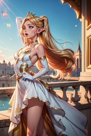 Pale skin, ((mouth_open, open mouth)), ((elf ear, pointed ear, gold ear accessories)), (pink lip, long hair, flowing hair, super long hair, two side up, twintails, straight hair, heavy hair, blonde hair, gold stripes hair, white eyes), (symbol-shaped pupils:1.5), (mismatched pupils:1.5), (royal garden, outdoor, marble building, water_fall, royal path, bright sky, cloud, sunshine butterflies, fireflies, pink petal falling, petals_in_wind, paradise, magic aura, green magic around), ((white gloves, ballerina, ballet dress, white dress, gold_trim, princess dress, sparkling dress, glitter, gem choker, jewel, long gloves, heavy detail dress, lotus pattern dress)), High detailed, bright sky, bare shoulder, happy, butterfly, ((ballet dancing, ballet pose, dancing pose)), ((one sword holding, magic sword, gold light sword, magic power, magic hand)), euphemia li britannia, tiara,euphemia li britannia, ((sunlight behind head))