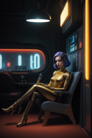 (master piece, higly detailed), diesel punk styled beautiful retro young android woman, made of porcelain and gold parts in all body and head, seated in retro futuristic glamour Art-Deco room, blade runner 2049, Deco_punk style