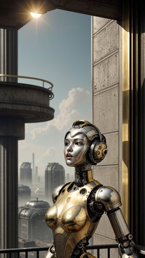 (masterpiece), (award_winning photo), (ultra_realistic:1.5),  (on focus), (ultra detailed), ((a retro science fictional art deco styled beautiful robotic girl made of polished gold and intrincated silver and brass mechanical parts on face and body on balcony looking for a colossal city below:1.5)), ((draw her half body shot and face can be seem:1.2)), view from lower ground level to up, steam and sparks, extremely complex and intricated detailed scene, ultra realistic illumination with sun light, decopunk style