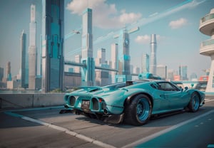 (masterpiece, shar, higly detailed, award-winning photo, professional:1.2), turquoise candy color car retro futuristic 60's styled hyper car,  art deco megalopolis at illuminated sunny day, highly detailed retro futuristic dieselpunk visual
