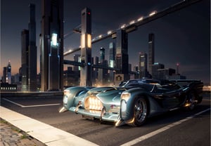 car, retro futuristic styled hyper car,  art deco megalopolis at illuminated night, highly detailed futuristic in retro visual