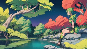 Highly detailed in anime illustration style of fairy girl resting seated over a crystal rock side of magical lake and fantasy night, green and colorful forest and leaves  in scenario at night fairy night illumination with complementary color palette, view from side, pixiv award