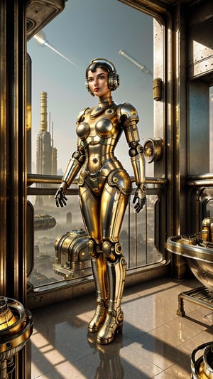 (masterpiece), (award_winning photo), (ultra_realistic:1.5),  (on focus), (ultra detailed), ((a medium shot of retro science fictional art deco styled very beautiful robotic girl made of polished gold and intrincated glowing vacuum tubes porcelain and polished steel mechanical parts on face and body on balcony looking for a colossal city below:1.5)), ((draw her half body shot and face can be seem:1.2)), city extremely complex and intricated detailed scene, ultra realistic illumination with sun light, decopunk style