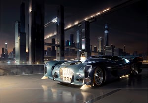 car, retro futuristic styled hyper car,  art deco megalopolis at illuminated night, highly detailed futuristic in retro visual