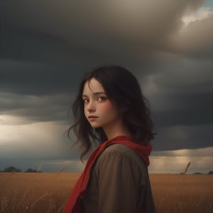 Masterpiece. A stormy scene with 1 girl of 19th century French country girl stands in a pastoral scene,  She has dark hair held back by a red kerchief, Very beautiful, Like a Bouguereau painting,    Behind the girl is a field of amber wheat  Dark clouds and ligthning are on the horizon.  