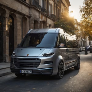 ((Highly detailed:1.5)),4k,((UHD)),HDR,Masterpiece,((best quality:1.5)),High Detail, (Imagine a family compact van concept built by Porsche, on the street in releasing day:1.4),on the street in natural light,detailed sun light,volumetric lighting,precise lineart,dramatic impressive shot angle,beautiful,ultra detailed,colorful,rich deep color,revolutionary,glow effects,Vivid color,view on street