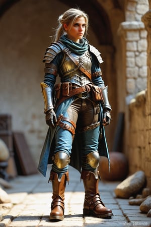 Stable Diffusion: Crafting a 3D Printable Character Model  an a medievalpunk mersinaries  female assasin, in protective  worn pants, high army boots, (a protective jacket and a protective vest with pouches on a wide belt. . with High-Quality, Game-Design Style, and Front, Back, and Side Views, Ensuring Exceptional Detail and Realism" 