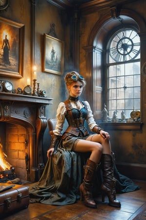 (((full shot))), 
detailed full-length picture, masterpiece, best quality, ultra high resolution, visually stunning, beautiful, award-winning art (abstract art: 1.3), beautiful ))) A FULL-LENGTH PORTRAIT OF a STEAMPUNK SEXY YOUNG female NOBLE SMUGGLER A GUEST ROOM AT THE HOTEL, SITTING RELAXED IN A CREEL BY THE FIREPLACE, Watercolor, trending on artstation, sharp focus, studio photo, intricate details, highly detailed, by greg rutkowski, more detail XL, hyper detailed, realistic, oil painting, by julie bell, frank frazetta, cinematic lighting