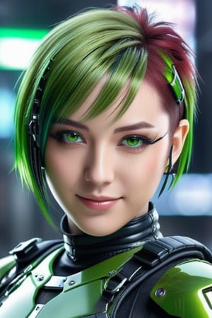 Generate hyper realistic image of a japan anime a woman with short hair, green eyes, and a smile looking at the viewer. She wearing leather cyberpunk killer armor. .,Add more details,Glass Elements,(Transperent Parts)