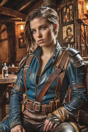 An Instagram photo,  retropunk style extremely detailed of a beautiful female 23-year-old a tired  mercenary warrior, in dirty leather protective equipment, rests in armcheir in a tavern , neat haircut .detailed colors, 32k resolution, best quality, explosion of color, no colors, (very pale skin) brunette, perfect composition, beautiful detailed complex, insanely detailed octane rendering trending on artstation, 8k art photography, photorealistic concept art, soft natural volumetric cinematic perfect light, chiaroscuro, award-winning photography, masterpiece, oil on canvas, raphael, caravaggio, greg rutkowski, beeple, beksinsky, giger , pale skin,  hard shadows, blue eyes, perfect eyes