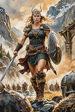  a young sfemale viking raider warrior. Battle in Norman Wortress background  Watercolor, trending on artstation, sharp focus, studio photo, intricate details, highly detailed, by greg rutkowski ,more detail XL, hyper detailed, realistic, oil painting, by julie bell, frank frazetta, cinematic lighting