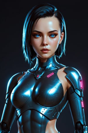 1girl, Cyberpunk corporation mercinaries heavy armor soldier in cyberpunk  military outfit. Pale skin with subtle metallic sheen. Glowing blu eyes. Cybernetic implants visible at temples and neck. Background - secret rebels brsement. Atmospheric lighting emphasizing contrasts.  cyberpunk 2077 rpg lore, and advanced technology. Hyper-detailed textures