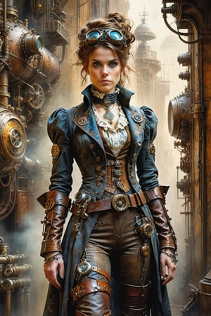 (((full shot))), 
detailed full-length picture, masterpiece, best quality, ultra high resolution, visually stunning, beautiful, award-winning art (abstract art: 1.3), beautiful ))) A FULL-LENGTH PORTRAIT OF a STEAMPUNK female NOBLE SMUGGLER. OLD SEVERS WALL background, Watercolor, trending on artstation, sharp focus, studio photo, intricate details, highly detailed, by greg rutkowski, more detail XL, hyper detailed, realistic, oil painting, by julie bell, frank frazetta, cinematic lighting