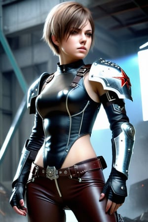 Full lenght Generate hyper realistic image of a russian young anime a woman with short hair, tired, wounded,  and a aggressive looking at the viewer. She wearing leather spacepunk killer armor. .,Add more details,Glass Elements,(Transperent Parts)