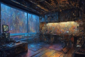 detailed full-length picture, masterpiece, best quality, ultra high resolution, visually stunning, beautiful, award-winning art (abstract art: 1.3), beautiful ))), oil painting , cyberpunk interior of the home of an experienced mercenary veteran of many wars and battles, Watercolor, trending on artstation, sharp focus, studio photo, intricate details, highly detailed, by greg rutkowski, more detail XL, hyper detailed, realistic, oil painting, by julie bell, frank frazetta, cinematic lighting,night city,CyberPunkAI
