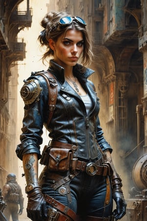 (((full shot))), 
detailed full-length picture, masterpiece, best quality, ultra high resolution, visually stunning, beautiful, award-winning art (abstract art: 1.3), beautiful ))) A FULL-LENGTH PORTRAIT OF a dieselPUNK female assasin. OLD SEVERS WALL background, Watercolor, trending on artstation, sharp focus, studio photo, intricate details, highly detailed, by greg rutkowski, more detail XL, hyper detailed, realistic, oil painting, by julie bell, frank frazetta, cinematic lighting