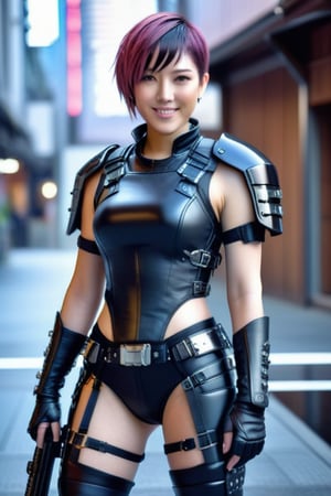 Full lenght Generate hyper realistic image of a japan anime a woman with short hair, tired, and a smile looking at the viewer. She wearing leather cyberpunk killer armor. .,Add more details,Glass Elements,(Transperent Parts)