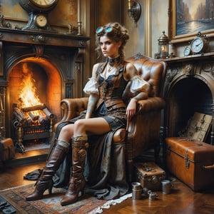 (((full shot))), 
detailed full-length picture, masterpiece, best quality, ultra high resolution, visually stunning, beautiful, award-winning art (abstract art: 1.3), beautiful ))) A FULL-LENGTH PORTRAIT OF a STEAMPUNK SEXY YOUNG female NOBLE  A GUEST ROOM AT THE HOTEL, SITTING RELAXED IN A CREEL BY THE FIREPLACE, Watercolor, trending on artstation, sharp focus, studio photo, intricate details, highly detailed, by greg rutkowski, more detail XL, hyper detailed, realistic, oil painting, by julie bell, frank frazetta, cinematic lighting