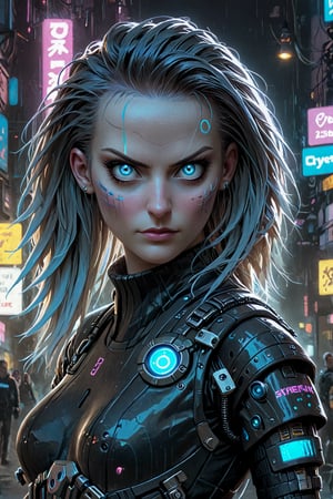 1girl, Cyberpunk streetgang hacker in cyberpunk   outfit. Pale skin with subtle metallic sheen. Glowing blu eyes. Cybernetic implants visible at temples and neck. Background - secret rebels brsement. Atmospheric lighting emphasizing contrasts.  cyberpunk 2077 rpg lore, and advanced technology. Hyper-detailed textures