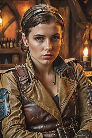 An Instagram photo,  dieselpunk style extremely detailed of a beautiful female 23-year-old a tired  mercenary warrior, in dirty leather protective equipment, rests in armcheir in a tavern , neat haircut .detailed colors, 32k resolution, best quality, explosion of color, no colors, (very pale skin) brunette, perfect composition, beautiful detailed complex, insanely detailed octane rendering trending on artstation, 8k art photography, photorealistic concept art, soft natural volumetric cinematic perfect light, chiaroscuro, award-winning photography, masterpiece, oil on canvas, raphael, caravaggio, greg rutkowski, beeple, beksinsky, giger , pale skin,  hard shadows, blue eyes, perfect eyes