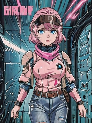 graphic novel novel illustration,in full growthin beautiful   young  17 year old, ((unarmed)), Russian female-space cadet fighter, (( very very short neat haircut, pink hair, beautiful blue eyes)), ((( Spacepunk cadet style))), with spacepunk cadet tattoos on her face and body, ((a protective brown space cadet  armored jacket )), ((pink bandana)), (( brown vest with pouches on a wide belt, jeans))., On the hands are cyber implants to enhance accuracy and reaction., ((On the face a visor and an aiming marker))., (On the hands there are panels of tracking sensors.,  On the arms, legs and chest there are protective green shields and body armor with traces of bullets and cuts from knives). 