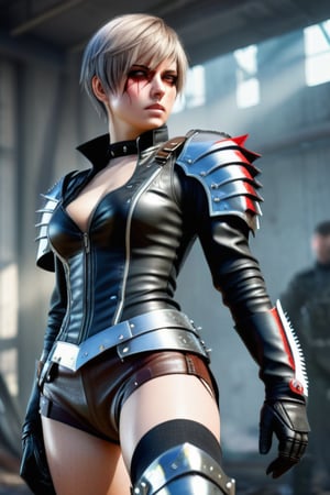 Full lenght Generate hyper realistic image of a russian young anime a woman with short hair, tired, wounded,  and a aggressive looking at the viewer. She wearing leather ancentpunk killer armor. .,Add more details,Glass Elements,(Transperent Parts)