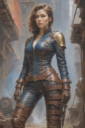detailed full-length picture, masterpiece, best quality, ultra high resolution, visually stunning, beautiful, award-winning art (abstract art: 1.3), beautiful ))), dieselpunk  butifful japan tired female A butifful a soviet spacepunk   mercenary female  noble lady,broun  riveted full leather armor covering the body,ttight leather knee breeches,  unarmed,short neat broun hairstyle, hourglass_figure,muscular legs,,beauty,long boots,bokeh,long legs,looking_at_viewer,looking_at_camera,close range,low-angle, blue eyes,confident,glowing eyes , detailed face, whole body , detailed face, whole body, Watercolor, trending on artstation, sharp focus, studio photo, intricate details, highly detailed, by greg rutkowski, more detail XL, hyper detailed, realistic, oil painting, by julie bell, frank frazetta, cinematic lighting
