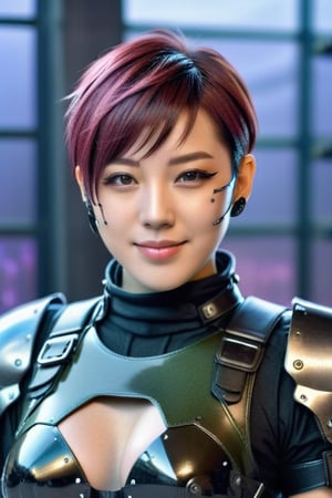 Generate hyper realistic image of a japan anime a woman with short hair, tired, and a smile looking at the viewer. She wearing leather cyberpunk killer armor. .,Add more details,Glass Elements,(Transperent Parts)