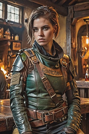 An Instagram photo,  sci-fi punk style extremely detailed of a beautiful female 23-year-old a tired  mercenary warrior, in dirty leather protective equipment, rests in armcheir in a tavern , neat haircut .detailed colors, 32k resolution, best quality, explosion of color, no colors, (very pale skin) brunette, perfect composition, beautiful detailed complex, insanely detailed octane rendering trending on artstation, 8k art photography, photorealistic concept art, soft natural volumetric cinematic perfect light, chiaroscuro, award-winning photography, masterpiece, oil on canvas, raphael, caravaggio, greg rutkowski, beeple, beksinsky, giger , pale skin,  hard shadows, blue eyes, perfect eyes