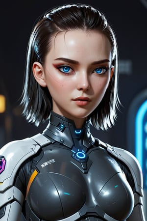 1girl, Cyberpunk corporation mercinaries scout in cyberpunk scout military outfit. Pale skin with subtle metallic sheen. Glowing blu eyes. Cybernetic implants visible at temples and neck. Background - secret rebels brsement. Atmospheric lighting emphasizing contrasts.  cyberpunk 2077 rpg lore, and advanced technology. Hyper-detailed textures