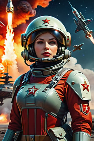 ((best quality)),  (((masterpiece))),  (highres),  original,  extremely detailed 8K wallpaper,  the soviet spacepunk art,  (((an extremely delicate and beautiful ))), female soviet heavy elite assault space  soldier,  ,