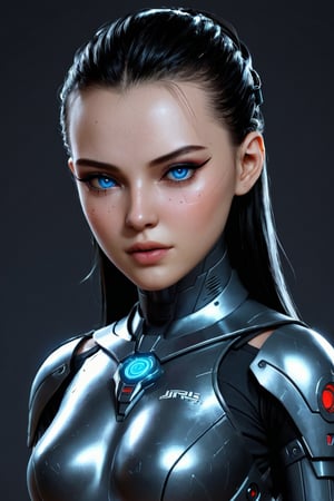 1girl, Cyberpunk corporation mercinaries assasin in cyberpunk assasim military outfit. Pale skin with subtle metallic sheen. Glowing blu eyes. Cybernetic implants visible at temples and neck. Background - secret rebels brsement. Atmospheric lighting emphasizing contrasts.  cyberpunk 2077 rpg lore, and advanced technology. Hyper-detailed textures
