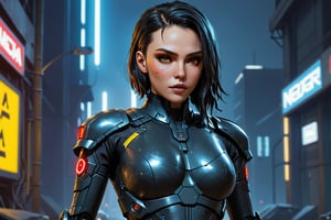 1girl, Soviet Russian Cyberpunk corporation soldier in cyberpunk heavy assault military outfit. . Glowing blu eyes. Cybernetic implants visible at temples and neck. Background - Soviet secret base. Atmospheric lighting emphasizing contrasts.  cyberpunk 2077 rpg lore, and advanced technology. Hyper-detailed textures