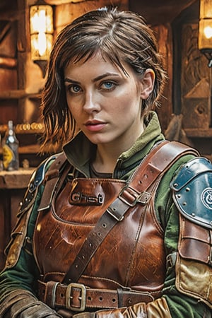An Instagram photo,  ghost ib shell  style extremely detailed of a beautiful female 23-year-old a tired  mercenary warrior, in dirty leather protective equipment, rests in armcheir in a tavern , neat haircut .detailed colors, 32k resolution, best quality, explosion of color, no colors, (very pale skin) brunette, perfect composition, beautiful detailed complex, insanely detailed octane rendering trending on artstation, 8k art photography, photorealistic concept art, soft natural volumetric cinematic perfect light, chiaroscuro, award-winning photography, masterpiece, oil on canvas, raphael, caravaggio, greg rutkowski, beeple, beksinsky, giger , pale skin,  hard shadows, blue eyes, perfect eyes