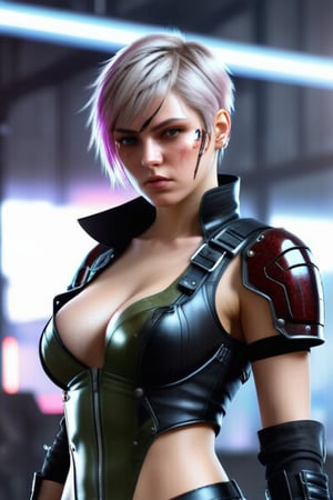 Full lenght Generate hyper realistic image of a russian young anime a woman with short hair, tired, wounded,  and a aggressive looking at the viewer. She wearing leather cyberpunk killer armor. .,Add more details,Glass Elements,(Transperent Parts)