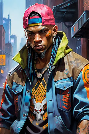 masterpiece, best quality, ultra high resolution, visually stunning, beautiful, award-winning art (abstract art: 1.3), beautiful ))), , oil painting "shadowrun" cyberpunk style.
A character from the cyberpunk game universe Shadowrun is an orck- rapper, a street thug, in a colorful long-sleeved T-shirt and a short-sleeved hoodie over it. Wearing a colored bandana around his neck and a baseball cap on his head.

Watercolor, trending on artstation, sharp focus, studio photo, intricate details, highly detailed, by greg rutkowski , more detail XL, hyper detailed, realistic, oil painting, by julie bell, frank frazetta, cinematic lighting,