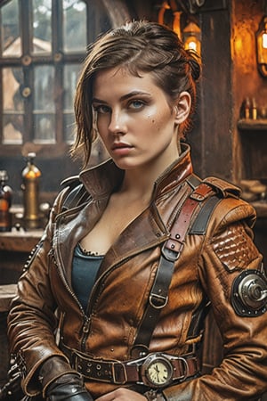 An Instagram photo,  steampunk style extremely detailed of a beautiful female 23-year-old a tired  mercenary warrior, in dirty leather protective equipment, rests in armcheir in a tavern , neat haircut .detailed colors, 32k resolution, best quality, explosion of color, no colors, (very pale skin) brunette, perfect composition, beautiful detailed complex, insanely detailed octane rendering trending on artstation, 8k art photography, photorealistic concept art, soft natural volumetric cinematic perfect light, chiaroscuro, award-winning photography, masterpiece, oil on canvas, raphael, caravaggio, greg rutkowski, beeple, beksinsky, giger , pale skin,  hard shadows, blue eyes, perfect eyes