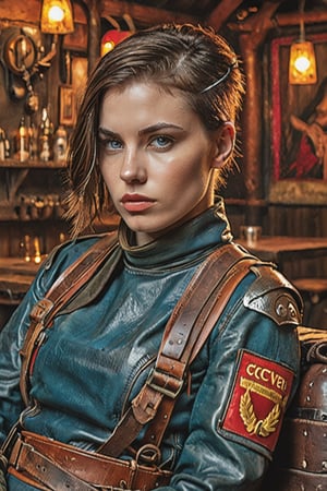 An Instagram photo,  sovietpunk style extremely detailed of a beautiful female 23-year-old a tired  mercenary warrior, in dirty leather protective equipment, rests in armcheir in a tavern , neat haircut .detailed colors, 32k resolution, best quality, explosion of color, no colors, (very pale skin) brunette, perfect composition, beautiful detailed complex, insanely detailed octane rendering trending on artstation, 8k art photography, photorealistic concept art, soft natural volumetric cinematic perfect light, chiaroscuro, award-winning photography, masterpiece, oil on canvas, raphael, caravaggio, greg rutkowski, beeple, beksinsky, giger , pale skin,  hard shadows, blue eyes, perfect eyes