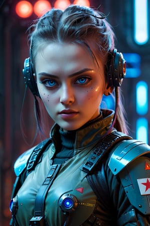 1girl, Soviet Russian Cyberpunk corporation soldier in cyberpunk heavy assault military outfit. . Glowing blu eyes. Cybernetic implants visible at temples and neck. Background - Soviet secret base. Atmospheric lighting emphasizing contrasts.  cyberpunk  Blade Runner lore, and advanced technology. Hyper-detailed textures